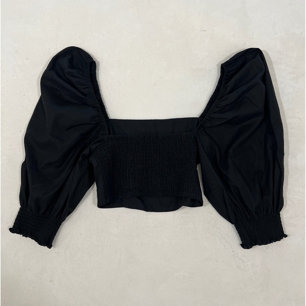 O.P.T. Black Puff Sleeve Smocked Crop Top Square Neck Size Medium - Picture 5 of 7